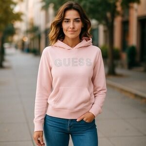 Guess Pink Hooded Pull Over Crystal GUESS Long Sleeves‎ L Ribbed Bottom